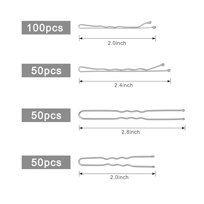 250 Pcs Hair Pins Silver Bobby Pins for Gray White Hair, Wavy Bobby Pins 2inch 2.4inch, U Shaped Silver Hair Pin for Buns 2inch 2.8inch, Suitable for All Hair Types, Hair Pins Kit for Women Girls Kids