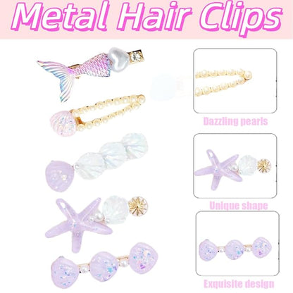 5 Pcs Starfish Seashell Hair Clips Mermaid Costume Pearl Beach Ocean Hair Accessories Women and Girls （Purple）