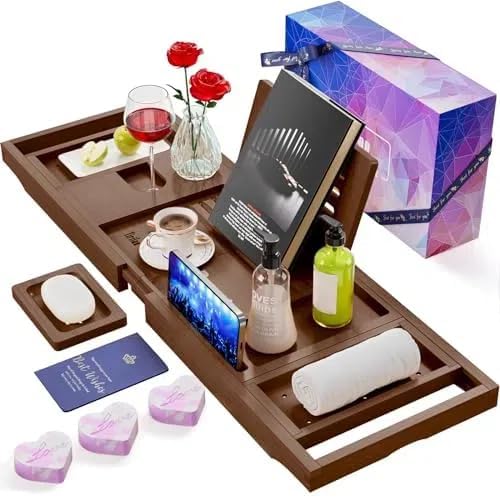Yirilan Bathtub Caddy Tray, Foldable Bathroom Tray with Extending Side, and Waterproof Fabric Bookshelf, Luxury Bath Tray -Brown
