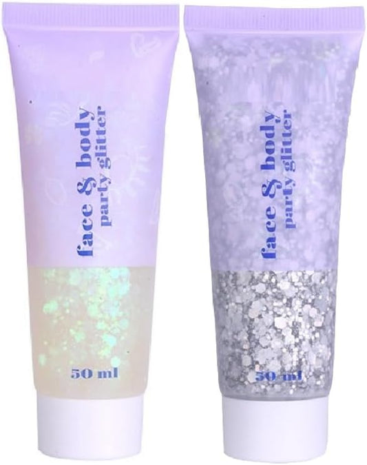 2 Color Body Glitter Gel, Neon Outfit Glow Party for Face and Body Hair Face Nail Glitter Stick Makeup.(05-Silver & 06-White Moonbeam)