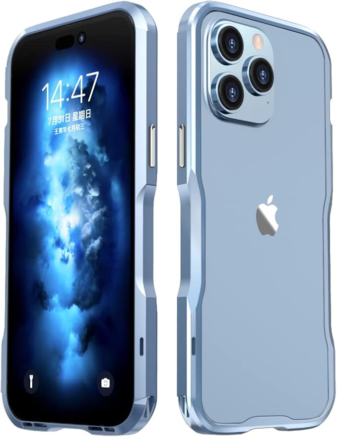 HENGHUI iPhone 14 Pro Max Aluminum Bumpers Bumper Case Metal Frame Bumper Cover Shock Absorbent Slim Cool Design (LightBlue)