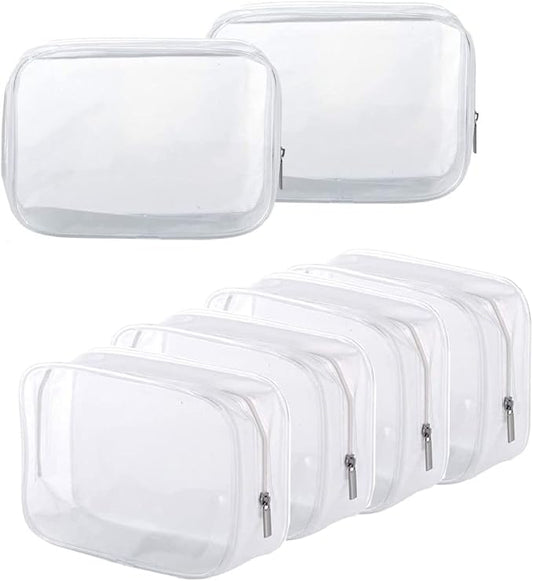 6 Pack Clear Toiletry Carry Pouch with Zipper Portable Plastic Waterproof Cosmetic Bag TSA Approved for Vacation Travel Bathroom and Organizing (White, Large)