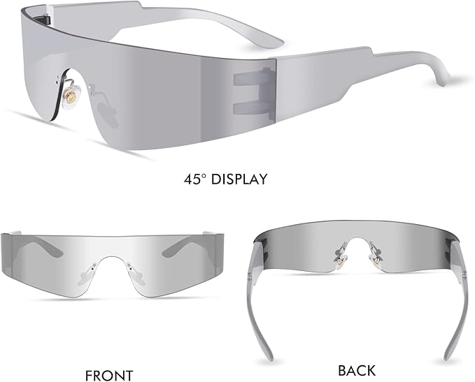 Futuristic Wrap Around Fashion Sunglasses Y2K Silver Trendy Rimless Glasses Cyberpunk Eyewear Women Men Rave Party