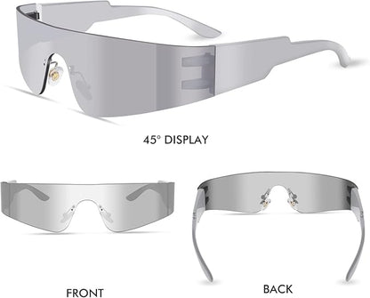 Futuristic Wrap Around Fashion Sunglasses Y2K Silver Trendy Rimless Glasses Cyberpunk Eyewear Women Men Rave Party