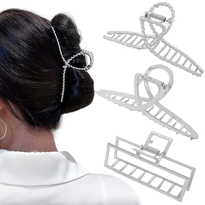 3pcs Hair Claw clips for Women, Metal Silver Large Hair clips for Thick Thin Hair, Geometric Cross Square Jumbo Catch Barrette Clamps, Fashion Hair Accessories Nonslip Hairgrip