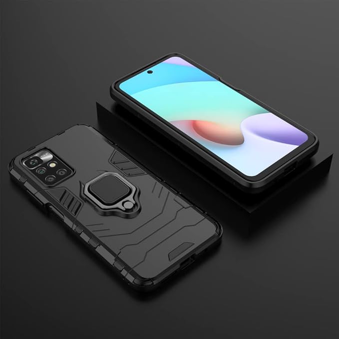 Ytaland for Xiaomi Redmi 10 Case,with 2 x Tempered Glass Screen Protector. (3 in 1) Shockproof Bumper Defender Protective Phone Cover with Ring Kickstand (Black)