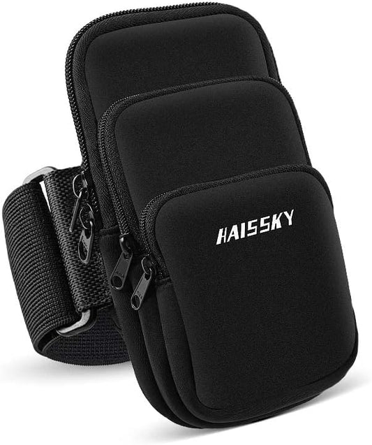 3 Pockets Running Phone Armband Holder for iPhone 16 15 14 Pro Max 13 Plus 12 11 XS XR X 8 7 Galaxy S23 Pouch Key Card Bag, Water Resistant Cell Phone Sport Arm Bands for Exercise Walking Workout Gym