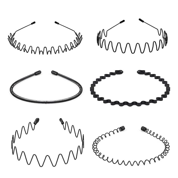Nomakk 6 Pieces Metal Headbands Wavy Hairband Spring Hair Hoop Sports Fashion Hair Bands Unisex Black Elastic Non Slip Simple Headwear Accessories