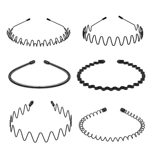 Nomakk 6 Pieces Metal Headbands Wavy Hairband Spring Hair Hoop Sports Fashion Hair Bands Unisex Black Elastic Non Slip Simple Headwear Accessories