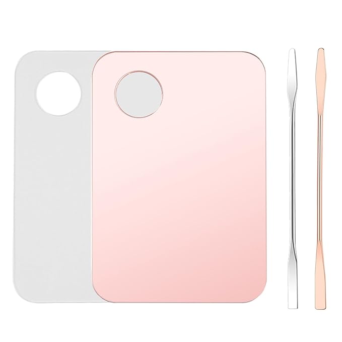 4 Pcs Makeup Mixing Tray Palette with Spatula - Foundation, Eye Shadow, Lipsticks, Nail Art - Beauty Salon (Pink and Transparent)