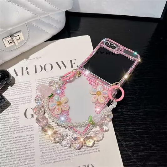 Sparkle Case for Samsung Galaxy Z Flip 5 5G with Chain,Women Girls Cute Bling Glitter Case Flower Pearl Diamond Crystal Rhinestone 3D Handmade with Bracelet Wristband Strap Keychain(Pink)