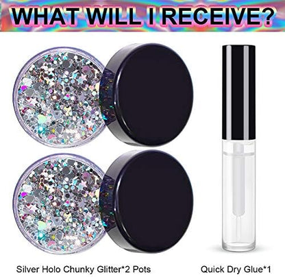 Silver Holographic Chunky Glitter Cosmetic Body Hair Face Eye Nail for Festival Carnival Concert Party Beauty Rave Accessories Different Sizes&Shapes 2 Pots 14g/0.5oz+ Quick Dry Primer Glue Gel