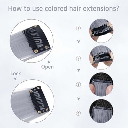 20 Inch Colored Hair Extensions Party Highlights Straight Colorful Clip In Hair Extensions Synthetic Rainbow Hairpieces for Girls Kids Gift(Grey, 12 PCS)