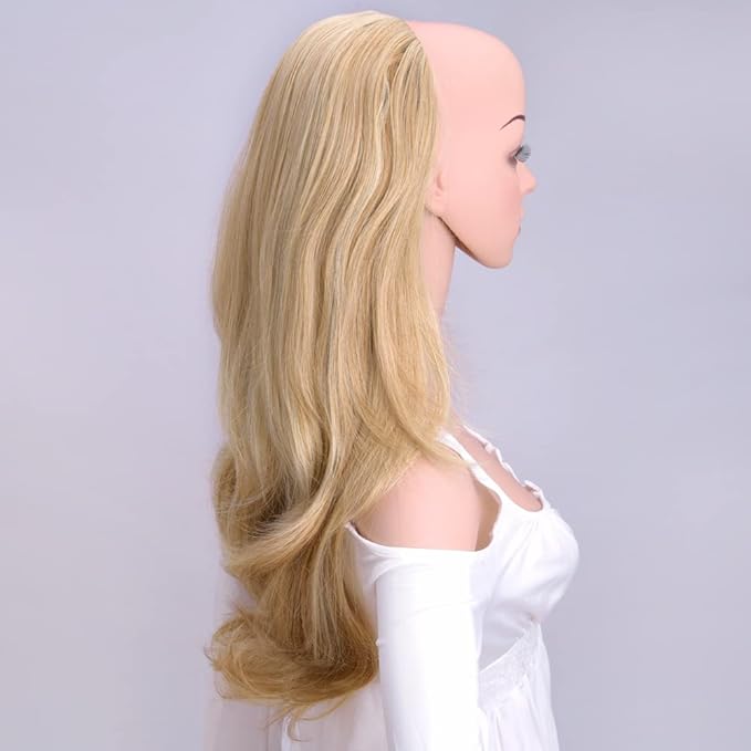 24 Inch Blond Wavy 3/4 Half Wig Long lightest Synthetic Hair Extensions Capless Wigs Hair Clips Extension For Women 210g（24“ #3）