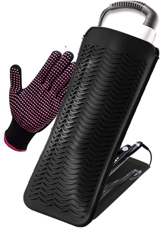 Heat Resistant Silicone Mat and Glove Set for Hair Straighteners and Flat Irons - 11" x 6" Mat, 8.7" x 5.2" Bump Glove, Black