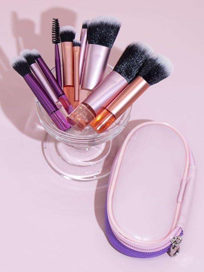 Portable ON THE GO Makeup Brush Set, COSHINE 10pcs Easy-taken Mini Full Complete Function Cosmetic Brushes Kit with Brush Pouch (colorful)