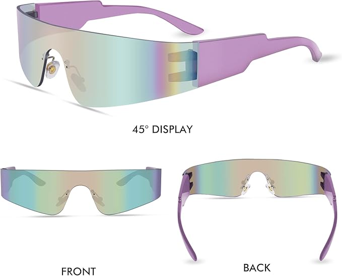 Futuristic Wrap Around Fashion Sunglasses Y2K Silver Trendy Rimless Glasses Cyberpunk Eyewear Women Men Rave Party