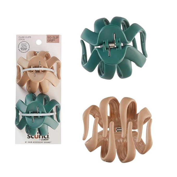 Scunci by Conair jaw claw clips - hair accessories for women - claw clips for thick hair - claw clip - Octopus Clip - Beige & Green -2 Count