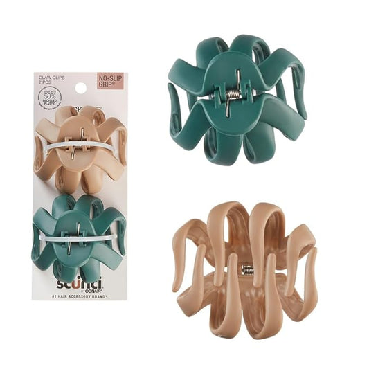 Scunci by Conair jaw claw clips - hair accessories for women - claw clips for thick hair - claw clip - Octopus Clip - Beige & Green -2 Count