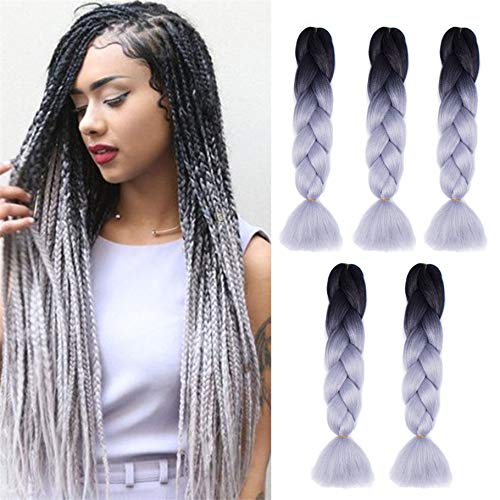 Ombre Braiding hair synthetic Crochet braids twist 24inch 5pcs/lot 100g Ombre two three tone Jumbo braid hair extensions Dreadlocks (black-Silver gray)