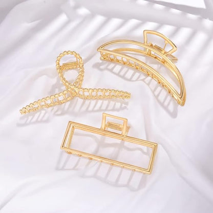 3 Pack Large Metal Gold Hair Claws for Women, Moon Cross Square Geometric Jaw Clips Barrettes for Thick Thin Hair, No Slip Claw Clip Clamp Grips Hair Accessories Hair Styling Gifts