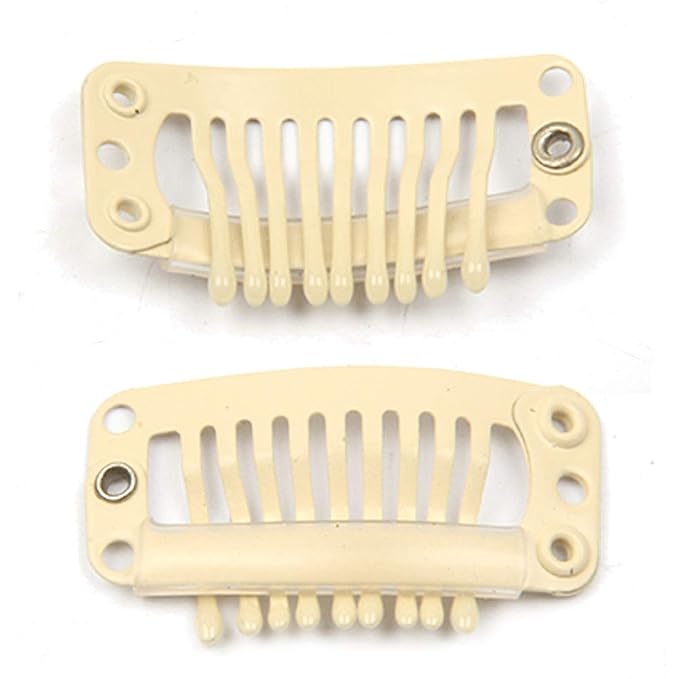 20pcs Metal Snap Clips for Hair Extensions DIY Clip in on Hair Extension Wigs 9 Teeth 32mm 1.2g/pc Black Brown Beige Color (Beige)