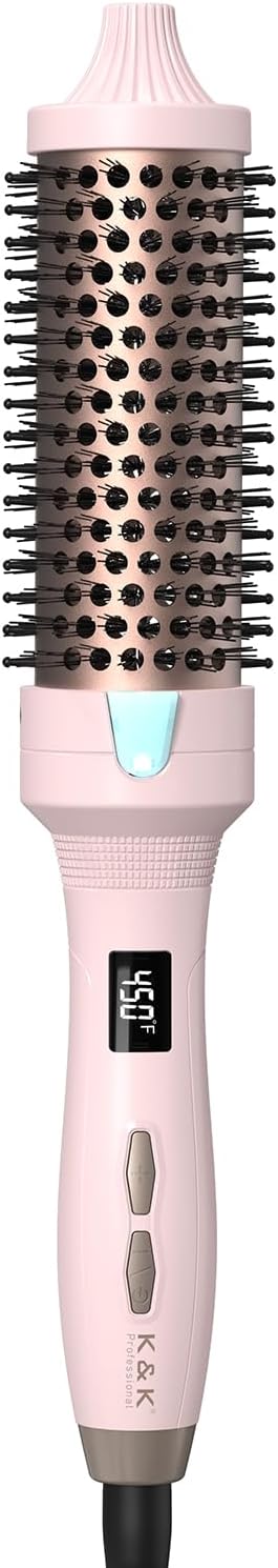 K&K 1 1/2 Inch Ceramic Tourmaline Ionic Heated Round Brush Curling Brush Creates Blowout Look -Creates Root Volume & Loose Curls Volume Curls Dual Voltage Hair Styling Tool (Pale Pink, 1.5 Inch)