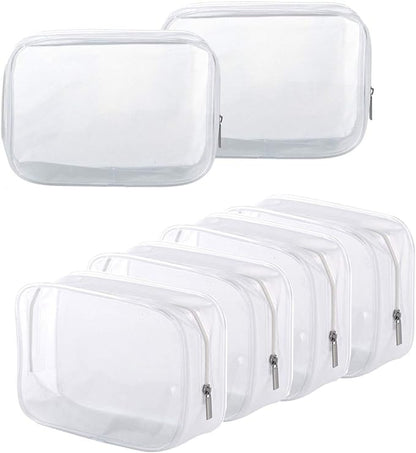 6 Pack Clear Toiletry Carry Pouch with Zipper Portable Plastic Waterproof Cosmetic Bag TSA Approved for Vacation Travel Bathroom and Organizing (White, Small)