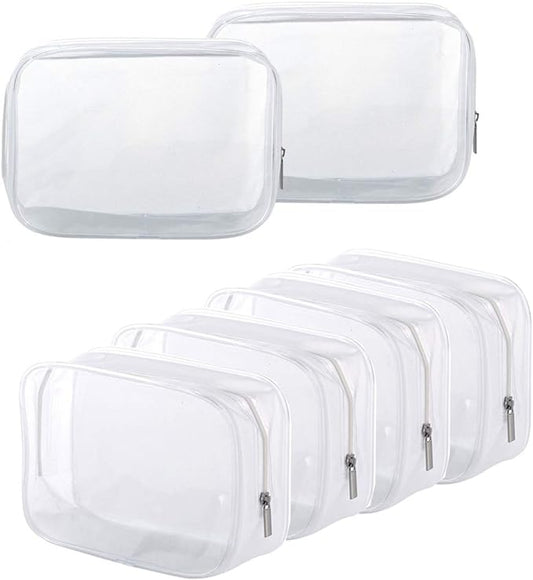 6 Pack Clear Toiletry Carry Pouch with Zipper Portable Plastic Waterproof Cosmetic Bag TSA Approved for Vacation Travel Bathroom and Organizing (White, Small)