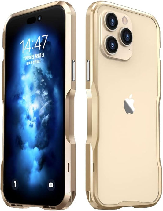 HENGHUI Bumper Case Compatible with iPhone 14 Pro Max Aluminum Bumpers Metal Frame Bumper Cover Shock Absorbent Slim Cool Design (Gold)