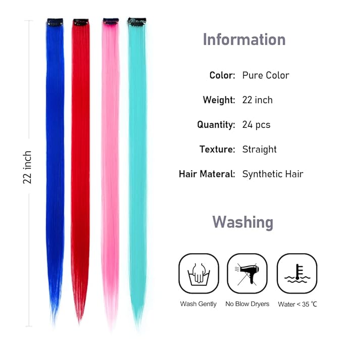 22” Colored Clip in Hair Extensions Blue Straight Hair Extensions Clip in for Kids Multi-Colors Party Highlights Hairpieces(Blue,Pink)