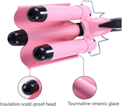 3 Barrel Curling Iron Wand 26mm Hair Waver Temperature Adjustable Ceramic Hair Curling Iron (Pink)