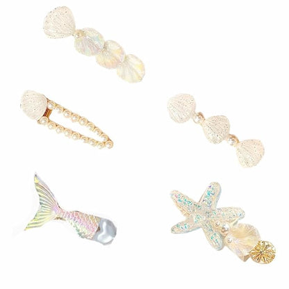 5 Pcs Starfish Seashell Hair Clips Mermaid Costume Pearl Beach Ocean Hair Accessories Women and Girls （White）