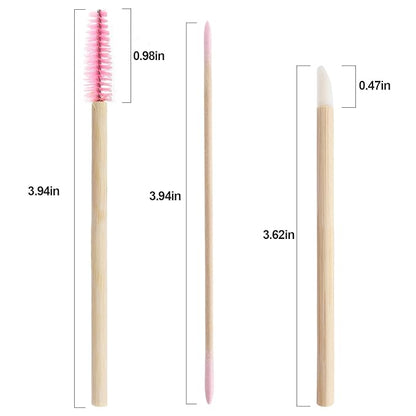 300 pcs Eyelash Extension Supply Kits 200pcs Disposable Double pointed head Wooden Micro Swab Brush 50pcs Eyebrow Spoolie 50pcs Lip Brush Mascara Wand Applicator Eyelashes Tool (Bamboo pink kits)