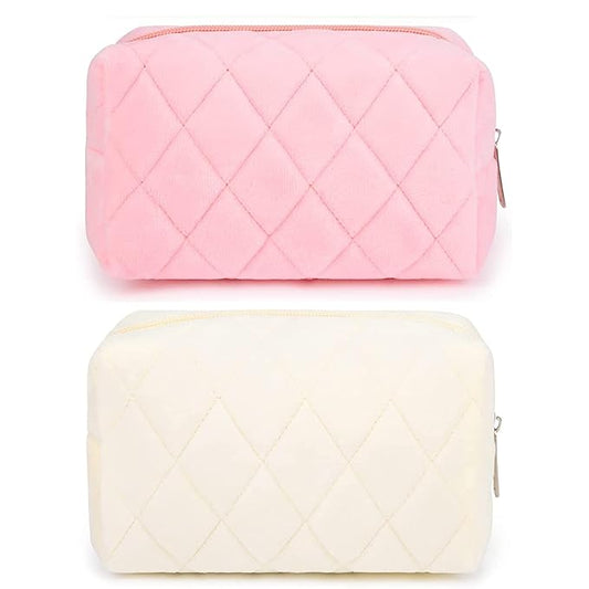 2 Pieces Makeup Bag Checkered Cosmetic Bag Plush Pink White Makeup Pouch Travel Toiletry Bag Organizer Cute Makeup Brushes Storage Bag for Women
