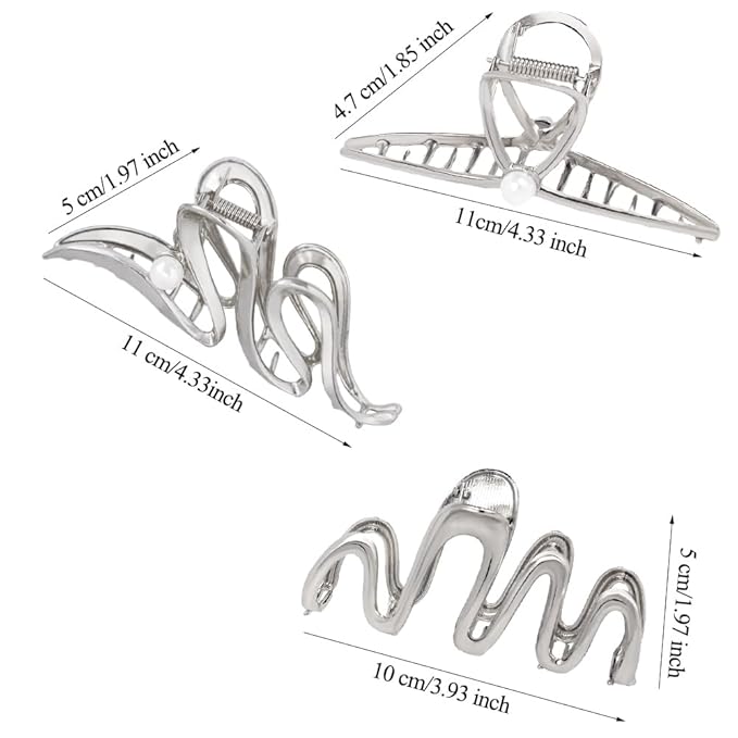 3 Pack Hair Claw Clips for Thick Long Hair, Silver Metal Wave Cross with Peal Big Jaw Clamps Hair Accessories for Women, Fashion Elegant Aesthetics Variety Hairgrip Styling Tools