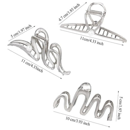 3 Pack Hair Claw Clips for Thick Long Hair, Silver Metal Wave Cross with Peal Big Jaw Clamps Hair Accessories for Women, Fashion Elegant Aesthetics Variety Hairgrip Styling Tools
