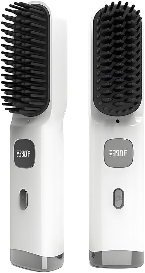 Cordless Hair Straightener Brush Portable on The go Comb for Travel 30s Fast Heating USB Rechargeable Dual Power Supply LCD Display with Pouch (White)