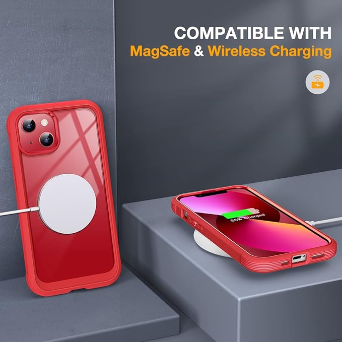 Miracase Glass iPhone 13 Mini Case 5.4 inch, 2023 Upgrade Full-Body Clear Bumper Case with Built-in 9H Tempered Glass Screen Protector for iPhone 13 Mini, Red