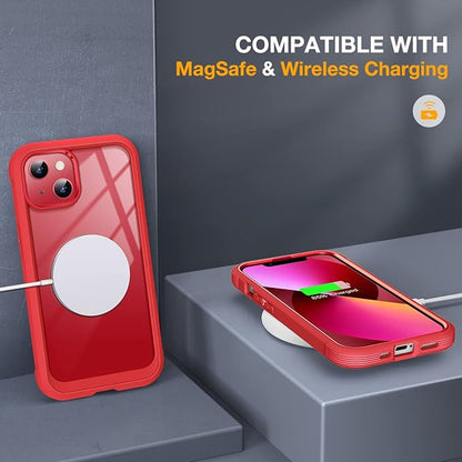 Miracase Glass iPhone 13 Mini Case 5.4 inch, 2023 Upgrade Full-Body Clear Bumper Case with Built-in 9H Tempered Glass Screen Protector for iPhone 13 Mini, Red