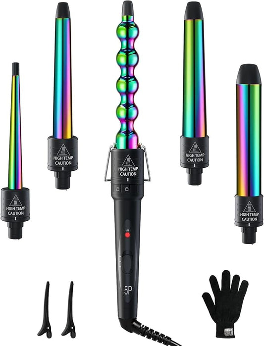 5 in 1 Curling Wand Set: Ohuhu Curling Iron Wand 5Pcs 0.35 to 1.25 Inch Interchangeable Ceramic Barrel Heat Protective Glove 2 Clips Dual Voltage Hair Curler for Girls Women Mother Gift Rainbow
