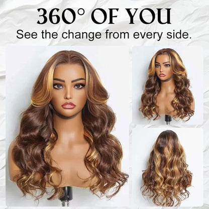 Ombre Lace Front Wig Human Hair 220% Density 4/27 Highlight Wig Human Hair Pre Everything 7x5 Highlight Body Wave Wigs Balayage Glueless Wig Blonde Highlight Wig For Women Brown And Blonde Wigs 28 In