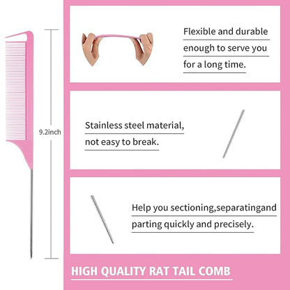 Goiple Hair Styling Brush Set, 12 Pieces Nylon Teasing Hair Brush Rat Tail Comb with Duckbill Clips, Double Sided Edge Brush for Edge & Back Brushing, Combing, Slicking Hair for Women Girls (Pink)
