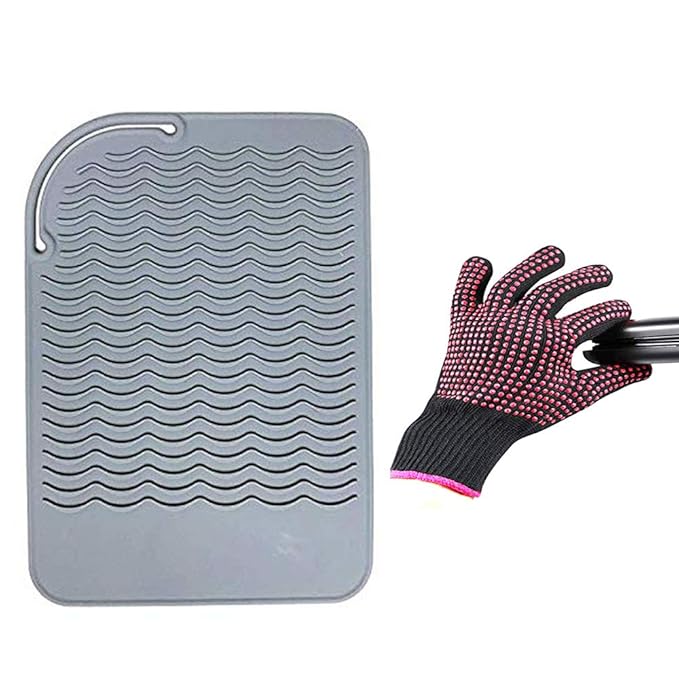 Heat Resistant Glove with Silicone Bump Mat for Curling Iron, Hair Straightener, Flat Irons - 9 x 6.5 Food Grade Mat, Grey