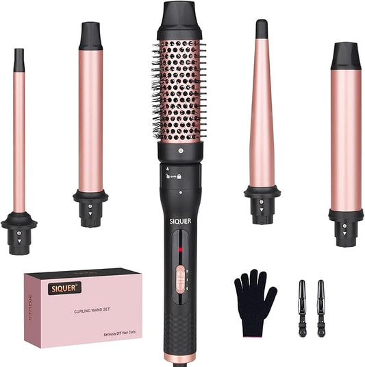 5 in 1 Curling Wand Set - SIQUER Curling Iron Set 1/2 to 1 1/4 Inch Beach Waves Wands 1 1/2 Inch Thermal Brush Fast Heating Up Hair Curlers for Women with Protective Gloves Clamps (Rose, Black)