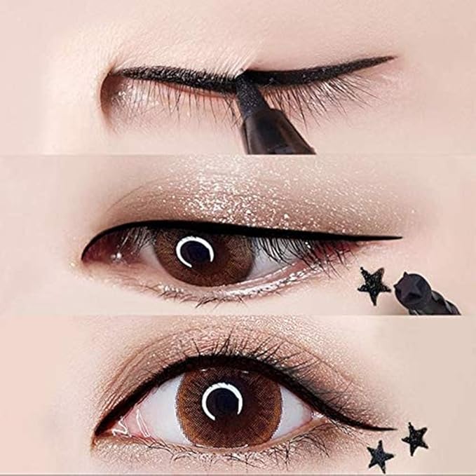 4Pcs Dual-Ended Black Liquid Eyeliners Pack with Face Stamps – Star Moon Flower Heart Stamps for Cosplay & Gothic Makeup,Fine Tip, Smudge-resistant – Beginner-Friendly (4Pcs-Black-set03)
