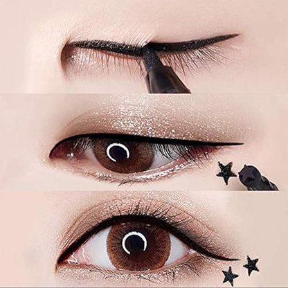 4Pcs Dual-Ended Black Liquid Eyeliners Pack with Face Stamps – Star Moon Flower Heart Stamps for Cosplay & Gothic Makeup,Fine Tip, Smudge-resistant – Beginner-Friendly (4Pcs-Black-set03)