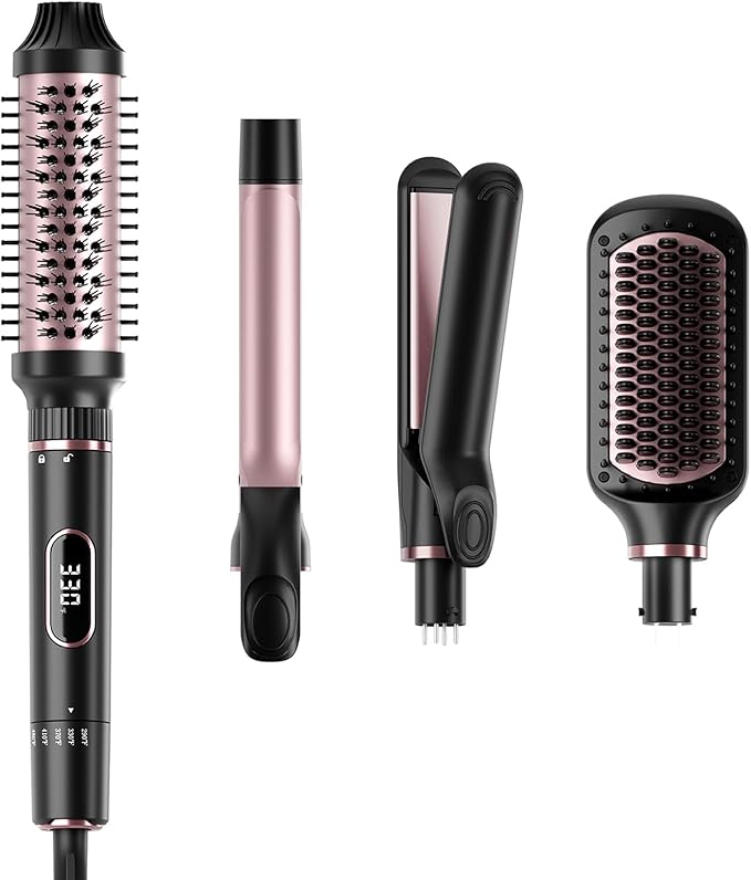 Nicebay Hair Straightening Brush Set with Thermal Brush Flat Iron, 1 Inch Ceramic Curling Iron, 5 Adjustable Temps Professional Fast Heat with Glove, Dual Voltage for Travel, Women Gifts
