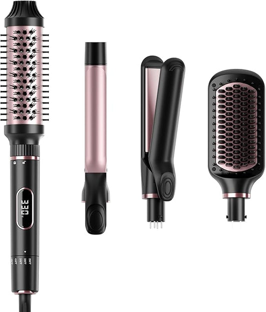Nicebay Hair Straightening Brush Set with Thermal Brush Flat Iron, 1 Inch Ceramic Curling Iron, 5 Adjustable Temps Professional Fast Heat with Glove, Dual Voltage for Travel, Women Gifts