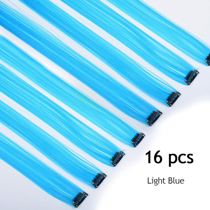16Pcs Light Blue Clip in Hair Extensions Straight Synthetic Highlights Colored Party Hairpieces for Women Girls Festival Daily Outfits Used 20 inch(Light Blue)
